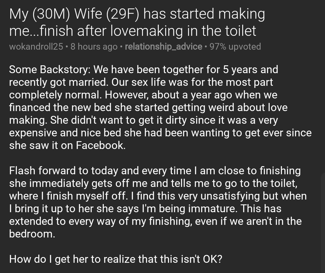 My (30M) Wife (29F) has started making me...finish after lovemaking in the toilet