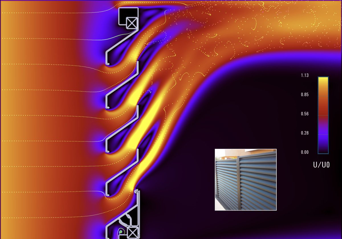 david_gnomusy's tweet photo. Siempre me han parecido muy interesantes las vallas de lamas con diseño mallorquín. Igual de interesante es ver cómo ordenan y deflectan el flujo de aire, al menos es lo que indican las simulaciones. #WindTunnel #WUI #SafeMicroScale https://t.co/uLcgQIdvvI