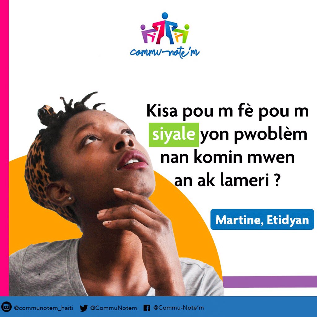 CommuNotem's tweet photo. Martine se yon etidyan li fistre anpil akoz pwoblèm ki nan komin li an tankou pil fatra, kay k'ap mal konstwi. L'ap reflechi pa ki mwayen l'ap kapab alète lameri kote li ap viv la.

#RetBranche #communotem #eh2018 #teknoloji̇ #gouvernancelocale #gouvernancedeproximite https://t.co/S9HWtcMIK6