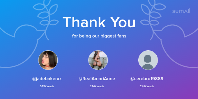 Our biggest fans this week: jadebakerxx, RealAmariAnne, cerebro19889. Thank you! via https://t.co/TgunTduqCU