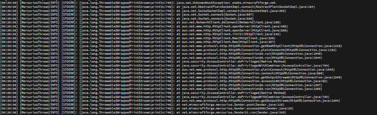 ThatProgrammer's tweet image. Love when #MinecraftForge (stats.minecraftforge.net) kill their stats server and your console looks like this.