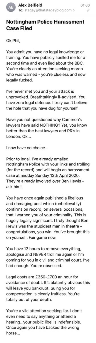 UPDATE:After I initially posted this article. I received this email from Alex Belfield  @celebrityradio on Sunday 12th April 2020, at 01.00. (In which he associates  @nottspolice)
