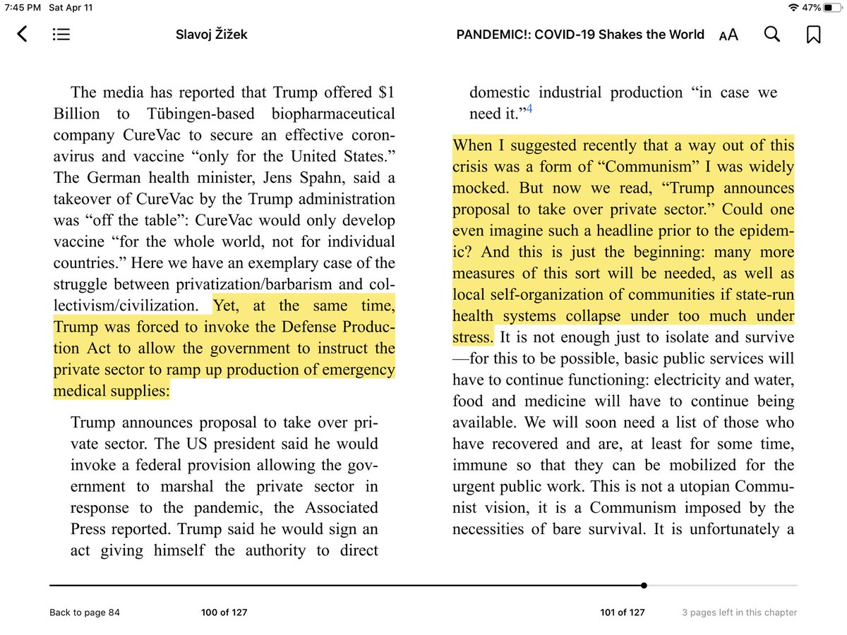 Žižek’s uses the book to argue Communism will save us from coronavirus. Regardless of if that is true, he dances around the idea that evidence for that claim can be found in Trump’s invocation of the Defense Production Act. He should have waited to see how this worked out.