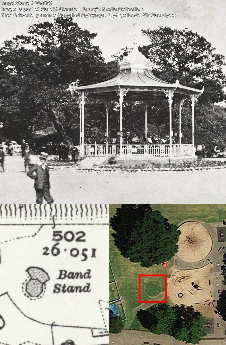 24) Roath Park Bandstand. Originally located in the grassy area to the west of where the playground is today. - In trying to pinpoint the exact location for this tweet, I found you could see the outline of the bandstand in old satellite imagery during the 2018 heatwave.