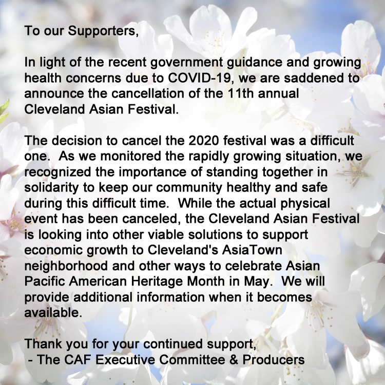 CLEAsianFest's tweet photo. The 2020 Cleveland Asian Festival has been canceled but we are looking into other viable solutions to support economic growth in #AsiaTownCLE and other ways to celebrate #AsianPacificAmericanHeritageMonth. #CAF2020CLE  @asiatowncle @MidTownCleInc @StClairSuperior @CDICleveland https://t.co/fmOQFV1PVG