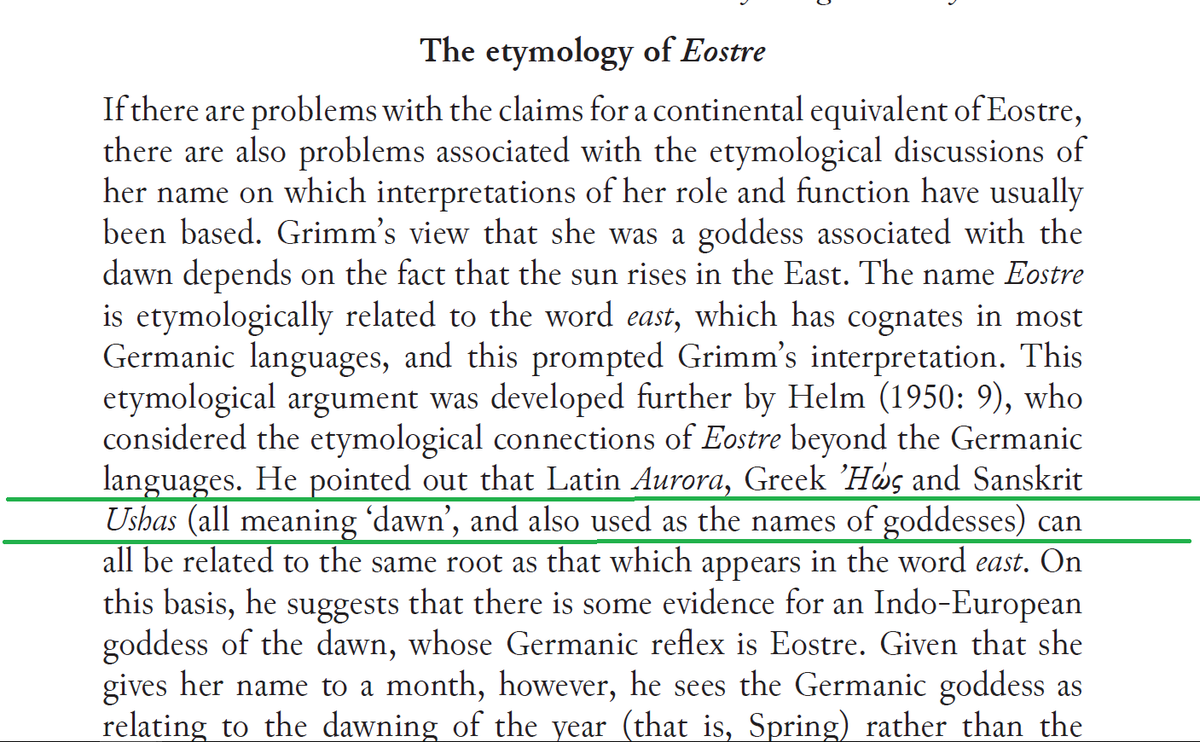 Eostre is the Goddess of spring and dawn.As such, she seems to be etymologically and semantically cognate (distantly related) to Vedic Goddess Usha.For more, please read "Pagan Goddesses in the Early Germanic World (Studies in Early Medieval History), Philip Shaw (1991)