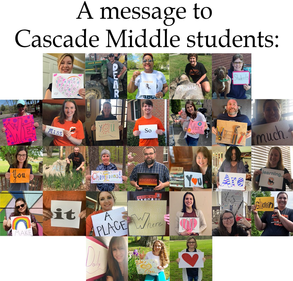 cascademschool's tweet photo. A message to our students. We love you!! https://t.co/V6Gc2Ccfq5