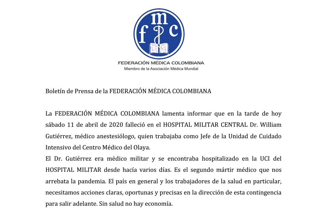 La Federación Médica Colombiana lamenta profundamente la muerte del Dr William Gutiérrez, Anestesiólogo y Jefe de la UCI del Centro Médico del Olaya.