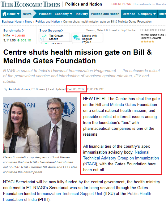 Feb 9 2017:"The Centre has shut the gate on the Bill & Melinda  #Gates Foundation on a critical national health mission, and possible  #conflict of interest issues arising from the foundation’s "ties" with  #pharmaceutical companies is one of the reasons." https://economictimes.indiatimes.com/news/politics-and-nation/centre-shuts-gate-on-bill-melinda-gates-foundation/articleshow/57028697.cms  https://twitter.com/elleprovocateur/status/1248695617787920385