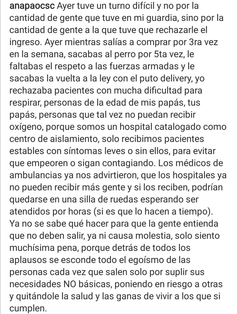 Carla_MD's tweet photo. Ana es una ex interna de medicina mía. Ella trabaja en la villa panamericana. Lean su testimonio https://t.co/uIeNkMxfQZ