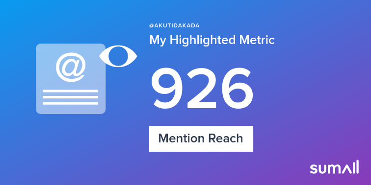 My week on Twitter 🎉: 15 Mentions, 926 Mention Reach. See yours with sumall.com/performancetwe…