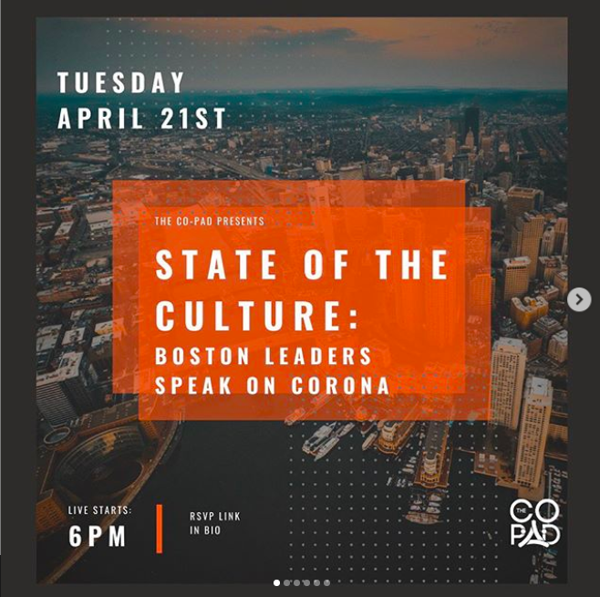 LevelnUpPodcast's tweet photo. Join us and Boston Leaders on Tuesday, April 21st for the beginning of STATE OF THE CULTURE series by The Co-Pad! Speakers will discuss how COVID-19 has affected our city and action steps on moving forward. 

Register here for the FREE event:
https://t.co/9OR8R6vysf https://t.co/Ys9DliL2tL
