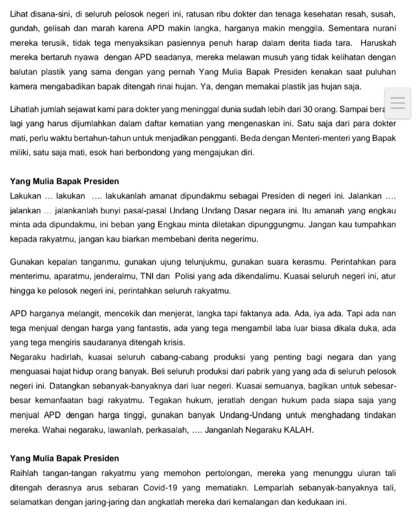 berlianidris's tweet photo. Dokter se-Indonesia menghiba agar Presiden melakukan tugas kesejarahannya, agar Negara tdk kalah dari Corona.

Mereka tak minta dimakamkan di TMP, mereka memohon agar pemerintah mengadakan APD &amp; melakukan tes sebanyak-banyaknya.

Jangan tuduh politisasi, karena ini benar adanya. https://t.co/AXnny1U16N