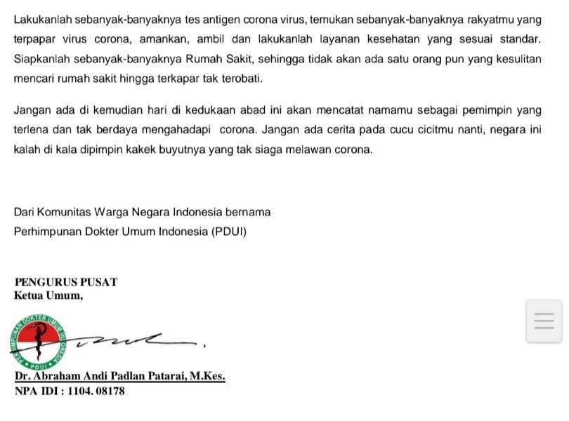 berlianidris's tweet photo. Dokter se-Indonesia menghiba agar Presiden melakukan tugas kesejarahannya, agar Negara tdk kalah dari Corona.

Mereka tak minta dimakamkan di TMP, mereka memohon agar pemerintah mengadakan APD &amp; melakukan tes sebanyak-banyaknya.

Jangan tuduh politisasi, karena ini benar adanya. https://t.co/AXnny1U16N