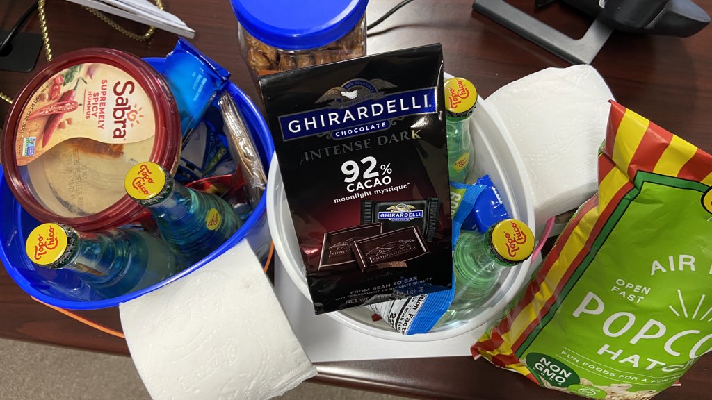 KathleenNinke's tweet photo. News director @joshgorbutt turned into the Easter Bunny this weekend apparently! That’s what happens when we give him a day off. Peep my and @JoshNinkeTV ‘s personalized baskets (wine &amp; Bulleit not pictured—already consumed? no one knows) 

#BestBoss and maybe now #BestJosh 🤷🏻‍♀️ https://t.co/UAEh4mtPmN
