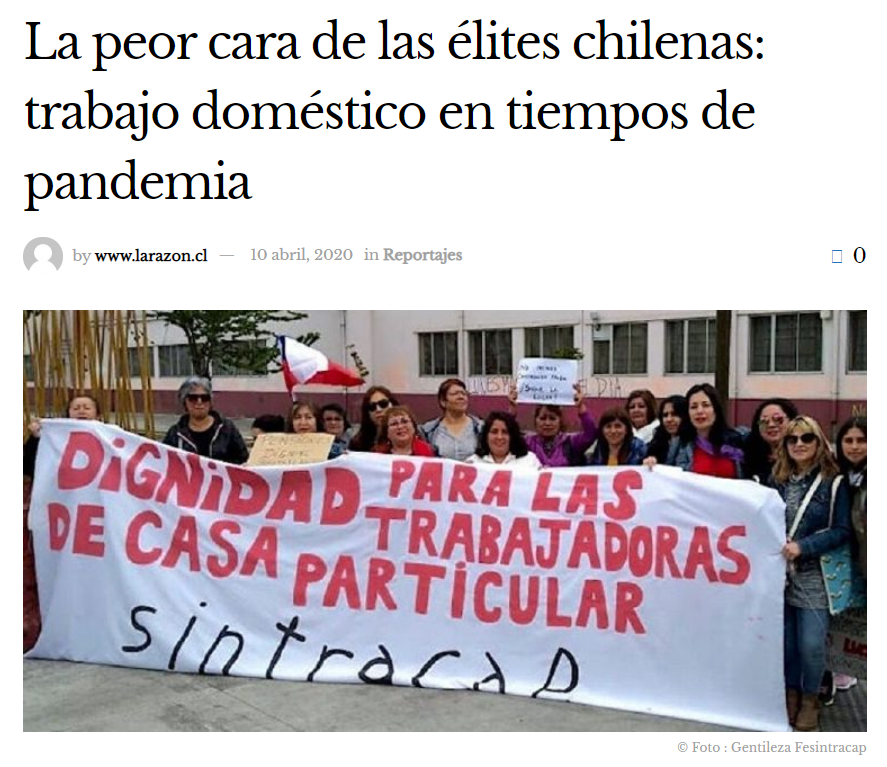 fesintracap's tweet photo. "La peor cara de las élites chilenas: trabajo doméstico remunerado en tiempos de pandemia"
👩🏽👩🏽🦱👵🏽
Accede al reportaje completo de @larazon_cl en el sgte link https://t.co/Mh1226vD2P
#cuidaaquientecuida
#HogarqueValora
#TrabajadorasDeCasaParticular https://t.co/PiX8bNDu6h