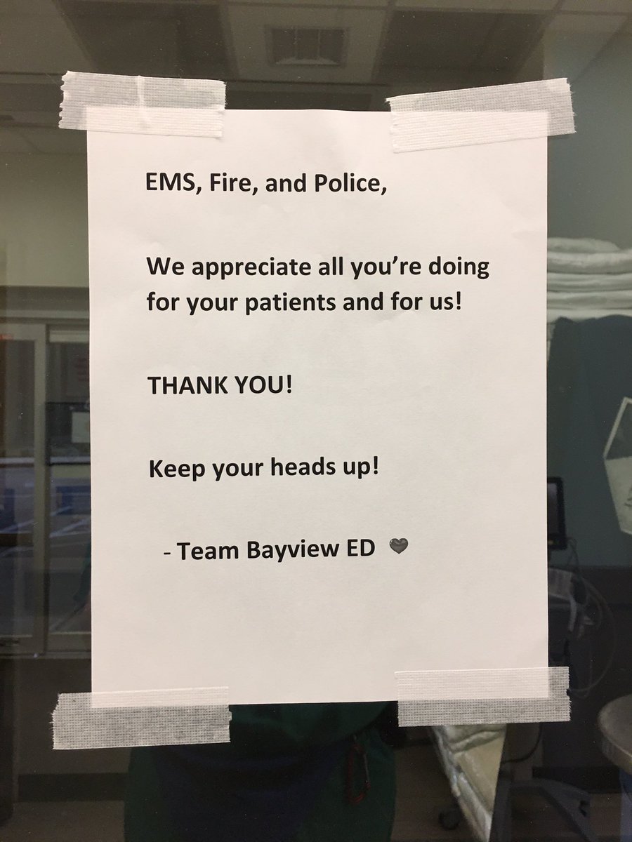 Elliott R Haut, MD, PhD (@elliotthaut) on Twitter photo Just noticed this sign in the <a href="/HopkinsBayview/">JohnsHopkinsBayview</a> emergency department. Can’t emphasize this enough in the time of #COVID19. Thx to the front-line prehospital team. @MarylandEMS <a href="/BaltimorePolice/">Baltimore Police</a> <a href="/BaltimoreFire/">Baltimore Fire</a> <a href="/BaltCoPolice/">Baltimore County Police Department</a> <a href="/BaltCoFire/">Baltimore County Fire Department</a> Just noticed this sign in the <a href="/HopkinsBayview/">JohnsHopkinsBayview</a> emergency department. Can’t emphasize this enough in the time of #COVID19. Thx to the front-line prehospital team. @MarylandEMS <a href="/BaltimorePolice/">Baltimore Police</a> <a href="/BaltimoreFire/">Baltimore Fire</a> <a href="/BaltCoPolice/">Baltimore County Police Department</a> <a href="/BaltCoFire/">Baltimore County Fire Department</a>