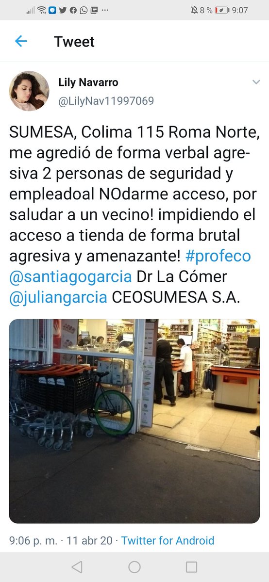 LilyNav11997069's tweet photo. @LaComerOficial exijo RESPETO! LA CÓMER NUNCA MÁS!!! @Profeco sumesa me agredió de forma verbal  agresivamente y bajo amenaza al no dejarme accesar al lugar por saludar a vecinos! NO RESPETAN! https://t.co/bkV8riDNoB
