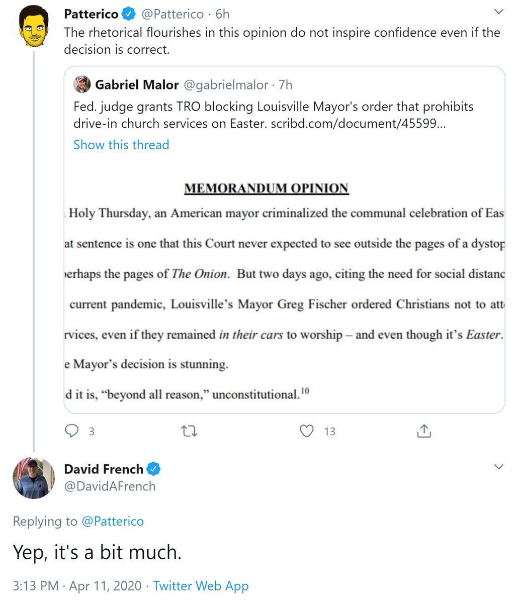 A Federal Judge just ruled against a mayor who tried to ban public church services on Easter.David French took to twitter to call the language of the Judge's opinion "a bit much."I will never forget this,  @DavidAFrench.No one should.