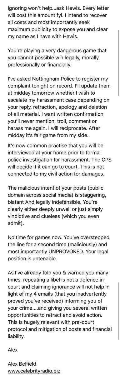 At 2.47 on Sunday 12th April 2020, I received this email from Alex Belfield  @celebrityradio in which he suggests that he has been instructed by  @nottspolice to contact me.