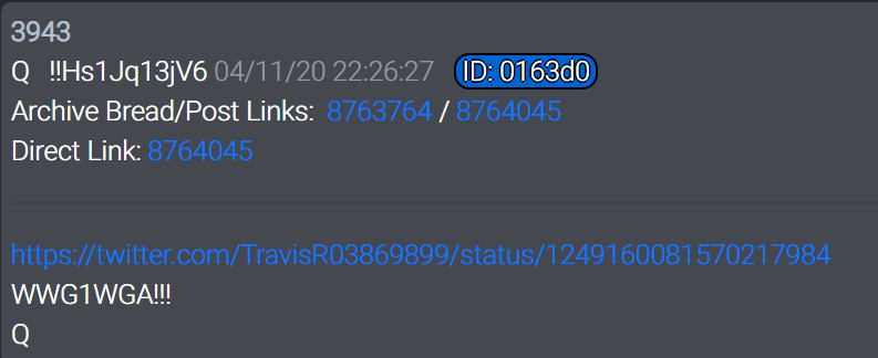  #QAlert 4/11/20 Q3943 https://twitter.com/TravisR03869899/status/1249160081570217984WWG1WGA!!!Q @POTUS  #WWG1WGA   #QAnon  #QArmy
