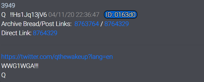  #QAlert 4/11/20 Q3949 https://twitter.com/qthewakeup?lang=enWWG1WGA!!!QCongratulations  @QTheWakeUp !! Go FOLLOW  @POTUS  #WWG1WGA   #QAnon  #QArmy