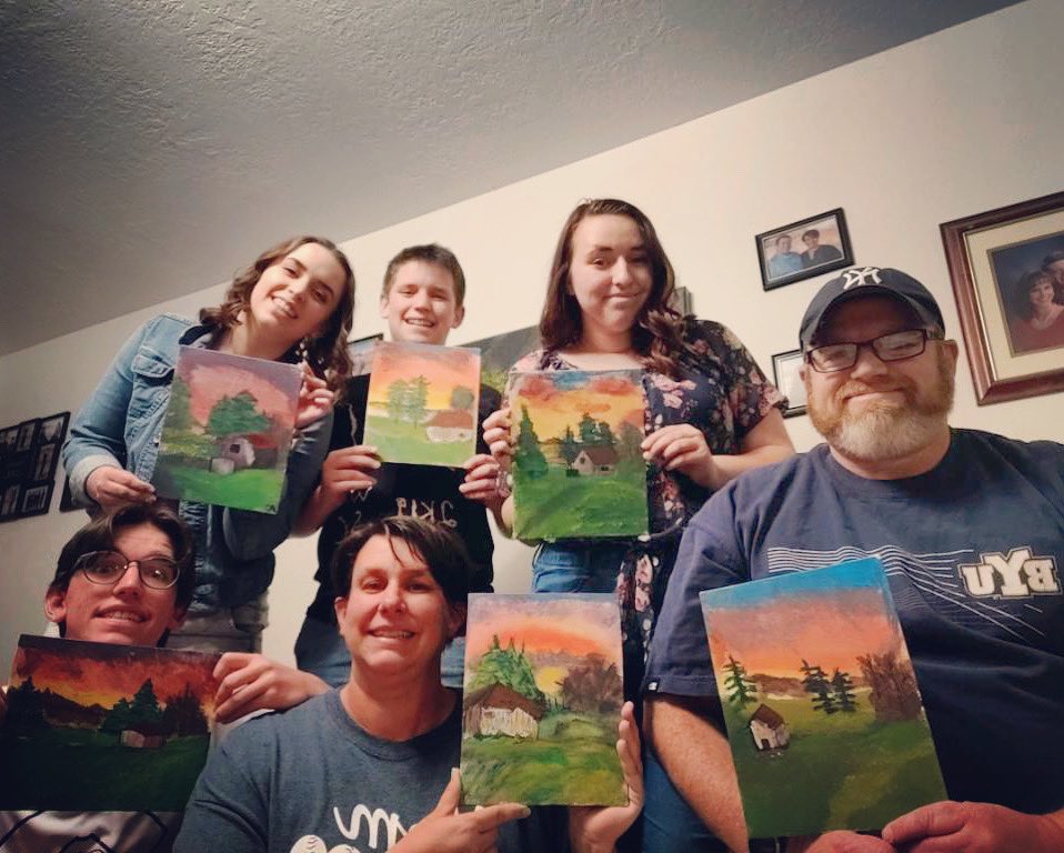 misslegacyut's tweet photo. During this time of social isolation it is hard to take care of your mental health. My family is using art to stay busy and grounded. We had a Bob Ross paint night. How are you taking care of your mental health? Share your ideas with us. #LetsCREATEwellness #art #muclass2020 https://t.co/dpG9HUXTy5