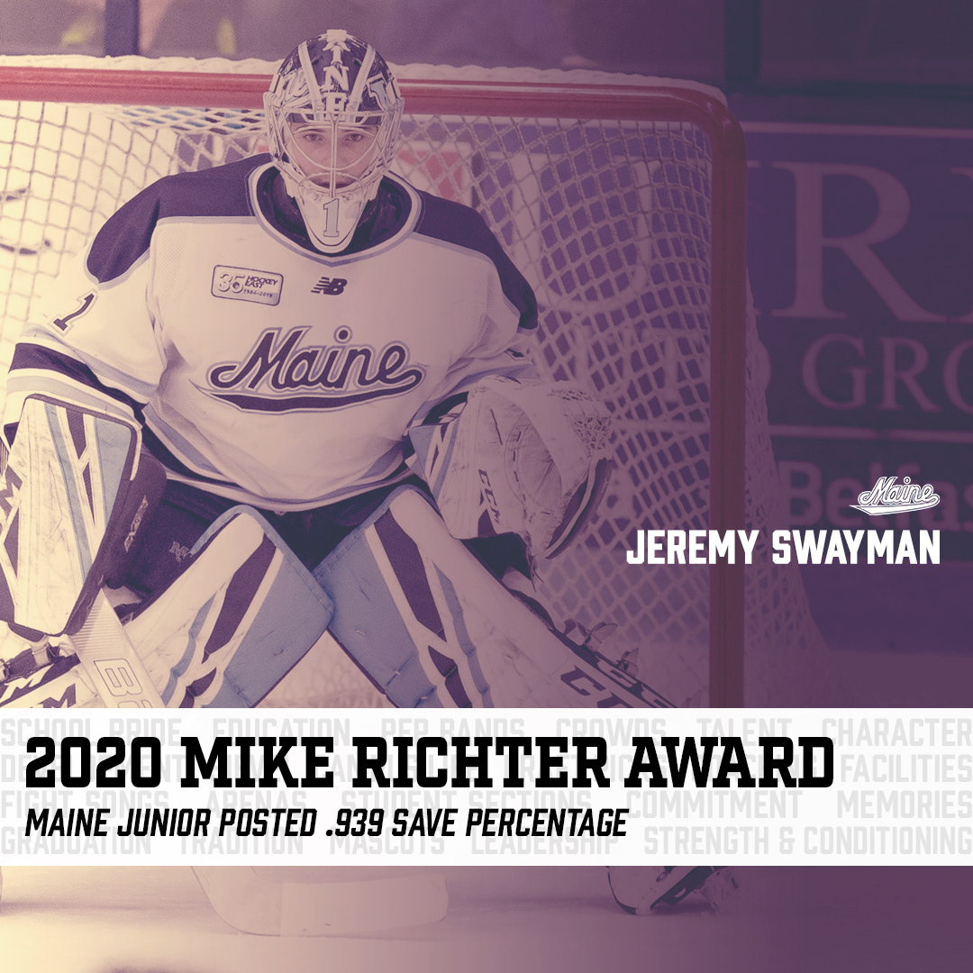 collegehockey's tweet photo. Congratulations to 2020 @RichterAward winner Jeremy Swayman of @MaineIceHockey https://t.co/EV49rbP2T6