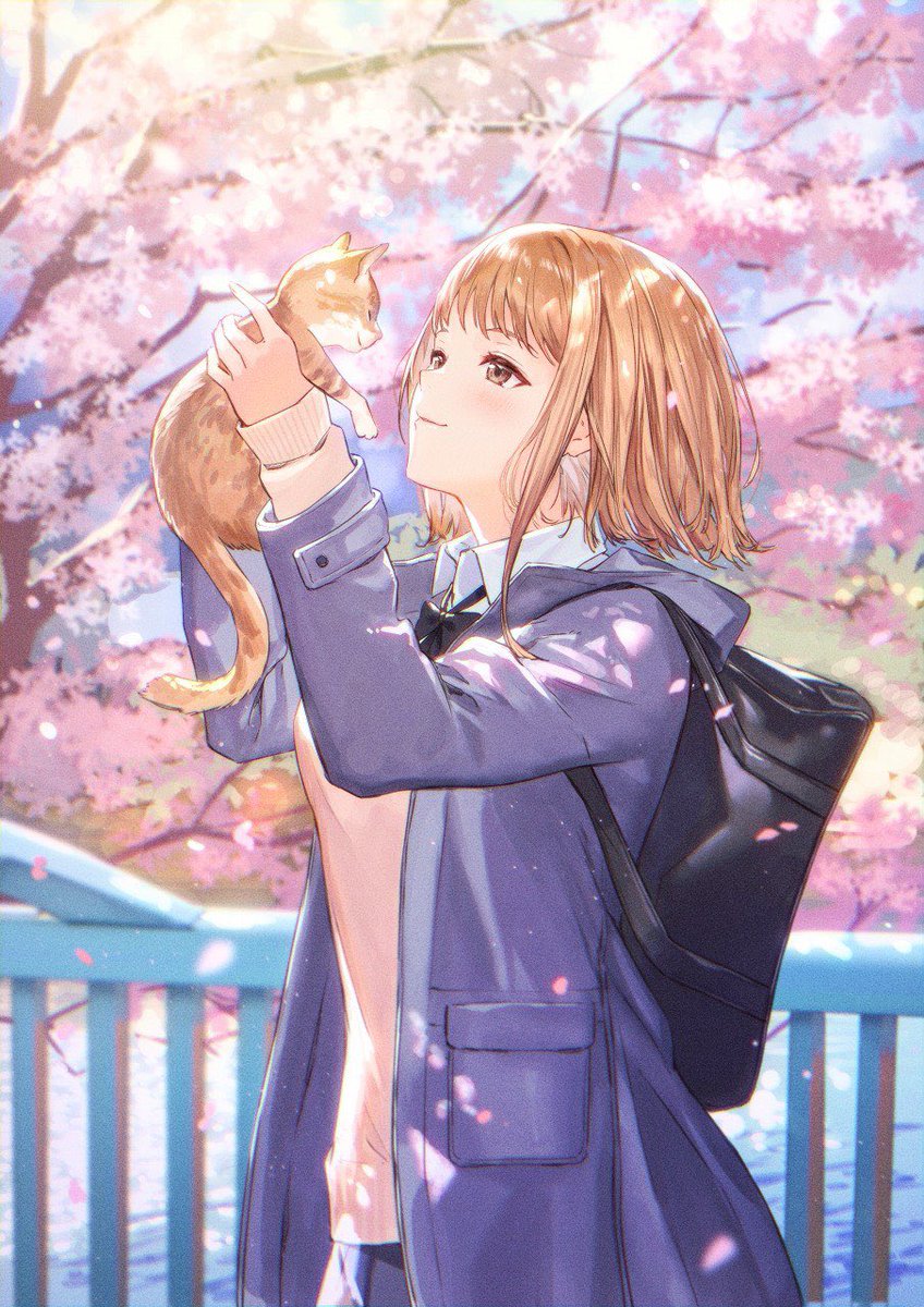 1girl bag cherry blossoms cat holding animal outdoors school uniform  illustration images
