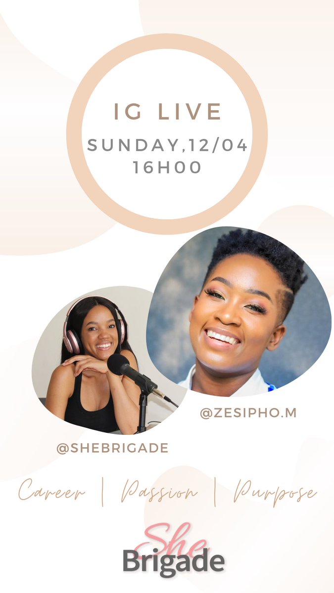 shebrigade's tweet photo. Join us this afternoon on Instagram. We’ll be going LIVE with @Zee_Mncwango talking about all things career, passion and purpose.
I really can’t wait for this one. Today at 4pm - set your alarms 😄 https://t.co/brmMj322FO