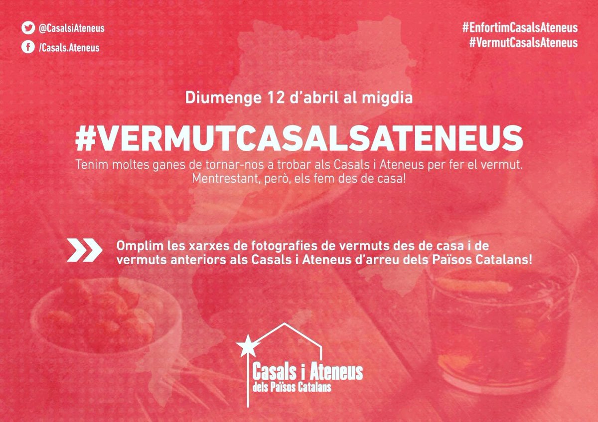 Avui 12 abril vermut en suport als casals i ateneus dels Països Catalans!
 Fes-te una foto fent el vermut i etiqueta <a href="/laminademasnou/">Casal Popular la Mina</a>
i els hastags:
 #VermutCasalsAteneus #EnfortimCasalsAteneus
CUIDEU-VOS!!!
