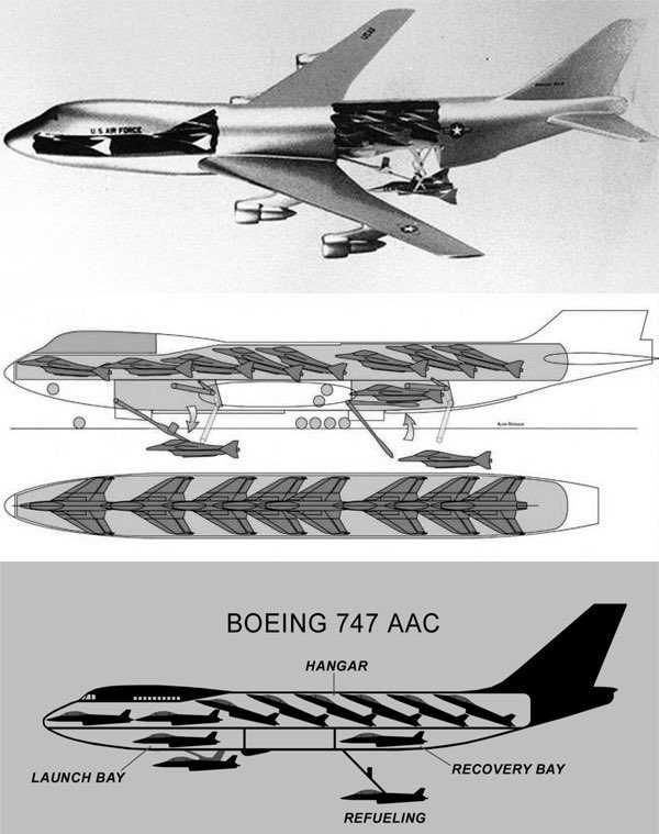 Boeing proposa naturellement son tout nouveau 747. De petits chasseurs, spécialement conçus seraient transportés dans le fuselage, et pourraient être largués et récupérés en plein vol.