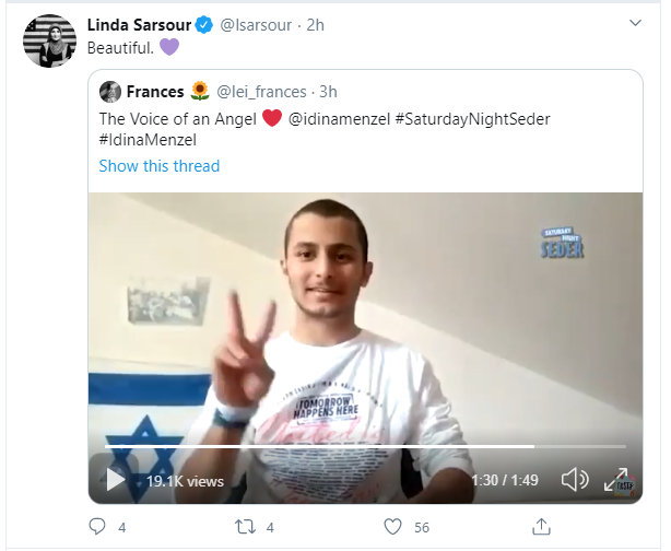 Linda Sarsour just retweeted a video of Idina Menzel singing Ma Nishtana with Zionist youth from the B'nai B'rith Youth Organization on  #SaturdayNightSeder Yes, indeed, Zionism is beautiful, Linda.