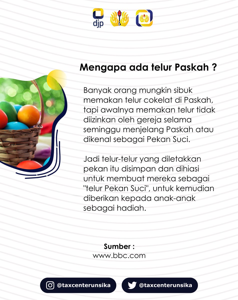 TaxCenterUnsika's tweet photo. [Hari Raya Paskah 2020]
Hai Pioneer Pajak 👋🏻👋🏻
.
Selamat hari raya Paskah untuk semua umat Kristiani yang merayakan. Semoga kita bisa menjadi pribadi yang baru dan menjadi lebih baik lagi dan diberkati dalam segala bidang.
.
#TCPROGRESIF
#TaxCenterUnsika
#Paskah2020 https://t.co/7PSspu7H5b
