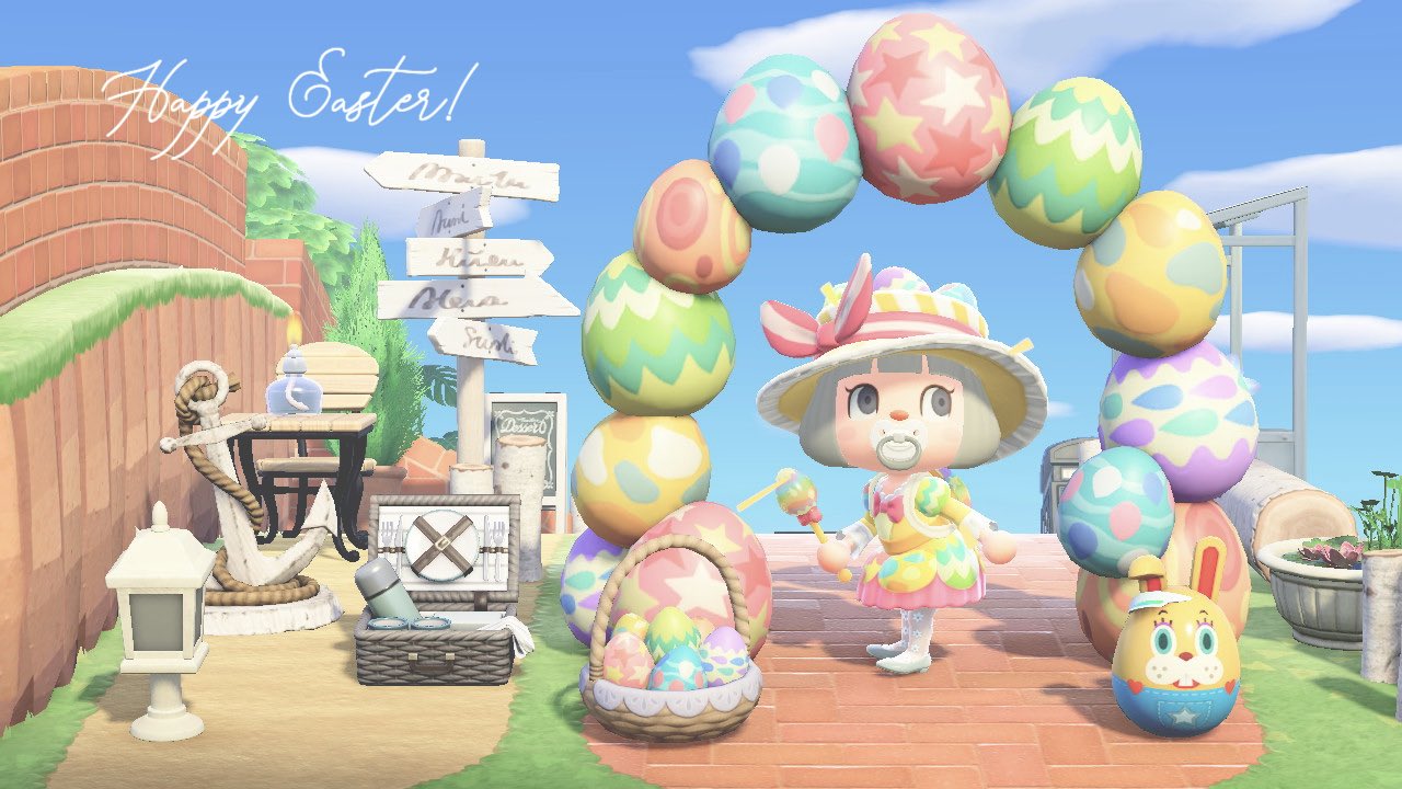 𝚖𝚎𝚛𝚞 今日はイースターですね イースターなドレスがディズニーのイースターイベントのダンサーさんみたいで可愛い 住民みんなイースターの服着てて可愛いですね ジュンくんとペアルックしました あつまれどうぶつの森