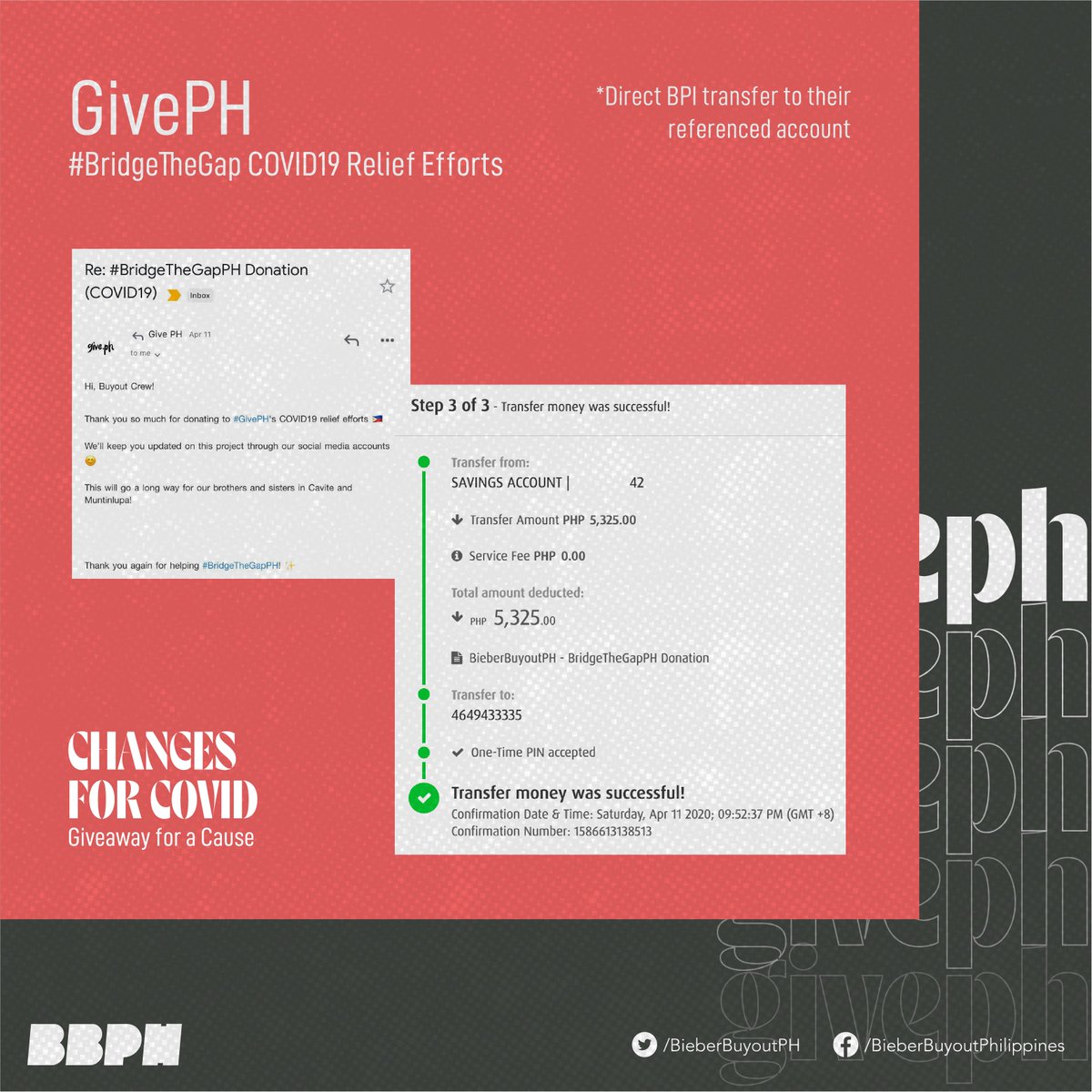 BieberBuyoutPH's tweet photo. On top of our collection as of April 8, some of our crew donated as well, giving us a total of Php 11,000.00.
100% of the proceeds were given to KayaNatinPH & GivePH for their COVID19-related relief operations.
Thank you for your support on #ChangesForCOVID, Beliebers! https://t.co/9FszOZPovR