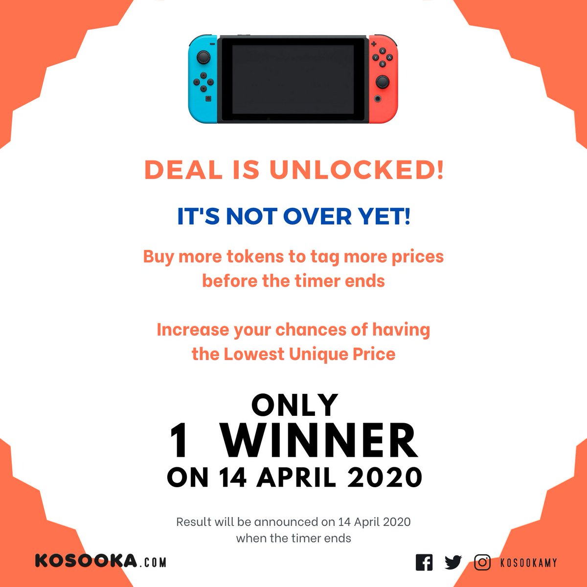 kosookaMY's tweet photo. NINTENDO SWITCH DEAL IS UNLOCKED! 🔥
but IT'S NOT OVER YET!
Tag more to INCREASE your chances to GRAB IT with the LOWEST UNIQUE PRICE 🤩
ONLY 1️⃣ WINNER!
to be announced on 14 April 2020
#kosooka #kosookaMY #nintendoswitch #lowestuniqueprice #only1winner #dealunlocked #grabit https://t.co/d6hb9RTWWH