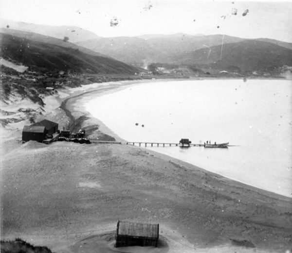 Welcome to Castlepoint! It used to be the most significant port in the region (not saying much, but it was!). It had a jetty and a boardwalk—both long gone. Left is wool being loaded in the 1900s (Wairarapa Archive 05-39/P-G-1-3); right a 1920s panorama (NLNZ 1/2-030991-F).
