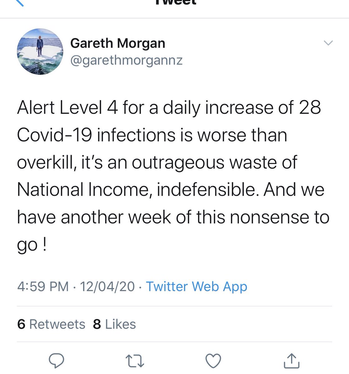 So <a href="/garethmorgannz/">Gareth Morgan</a> is complaining about Level 4 restrictions. Saying it’s overkill, nonsense &amp; indefensible.

But, see his tweets a few days before lockdown.

“Shut the economy down - way better to do that for a month” “Tell everyone to go home now” he said.

(Recent tweet last)