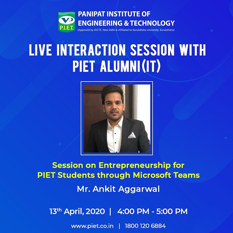 PIETPanipat's tweet image. Learn from the experts. 
IT Department is organising an Interaction Session with  Mr. Ankit Aggarwal. The aim of this session is to introduce Entrepreneurship.
#PIETAlumni #PIET #InteractionSession #Entrepreneurship