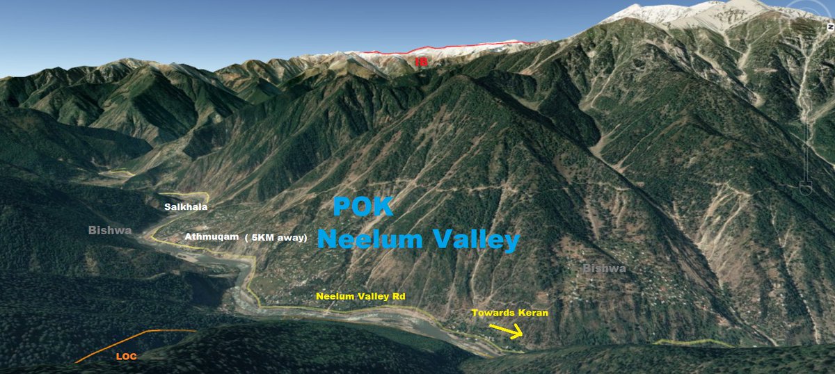 1/n) Recently  #NeelumValley in  #POK opposite Kupwara sector in  #Kashmir has been boiling following the  #kupwaraencounter I show how dominant  #Indian positions are in that area by showing the view from a vantage point in our side of LOCNotice Neelum Valley Rd & Athmuqam