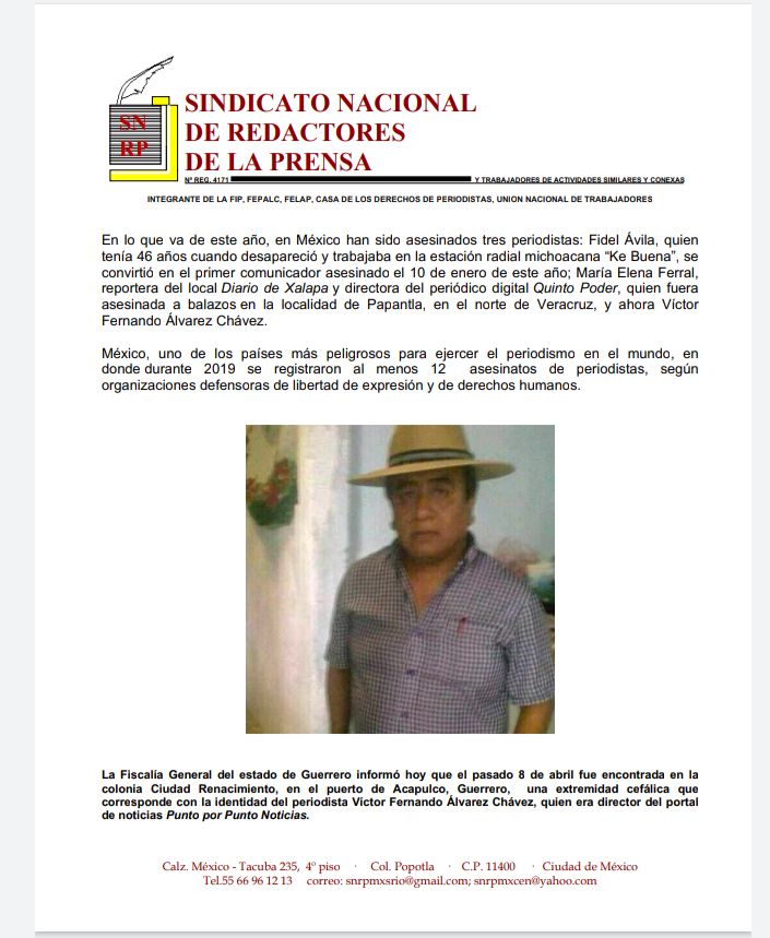 #México (ALERTA) Hallan restos óseos del periodista Víctor Fernándo Álvarez. Habría sido amenazado por integrantes de grupos de crimen organizado, días antes de su desaparición, en el municipio de Acapulco.
<a href="/IFJGlobal/">IFJ</a> <a href="/FEPALC/">FEPALC</a> <a href="/snrpmex/">SNRP</a>