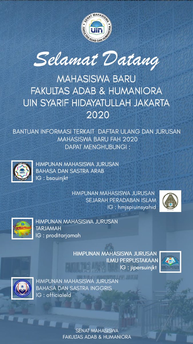 BSAuinjkt_'s tweet photo. Halo calon mahasiswa baru UIN JAKARTA. Untuk info daftar ulang dan jurusan di Fakultas Adab dan Humaniora bisa cek disini yaπ
#CamabaUinJkt2020 #DaftarUlang #MahasiswaBaru #UinHitz #SatuHatiSatuJiwaBersaudara https://t.co/JLn0pqxO4u