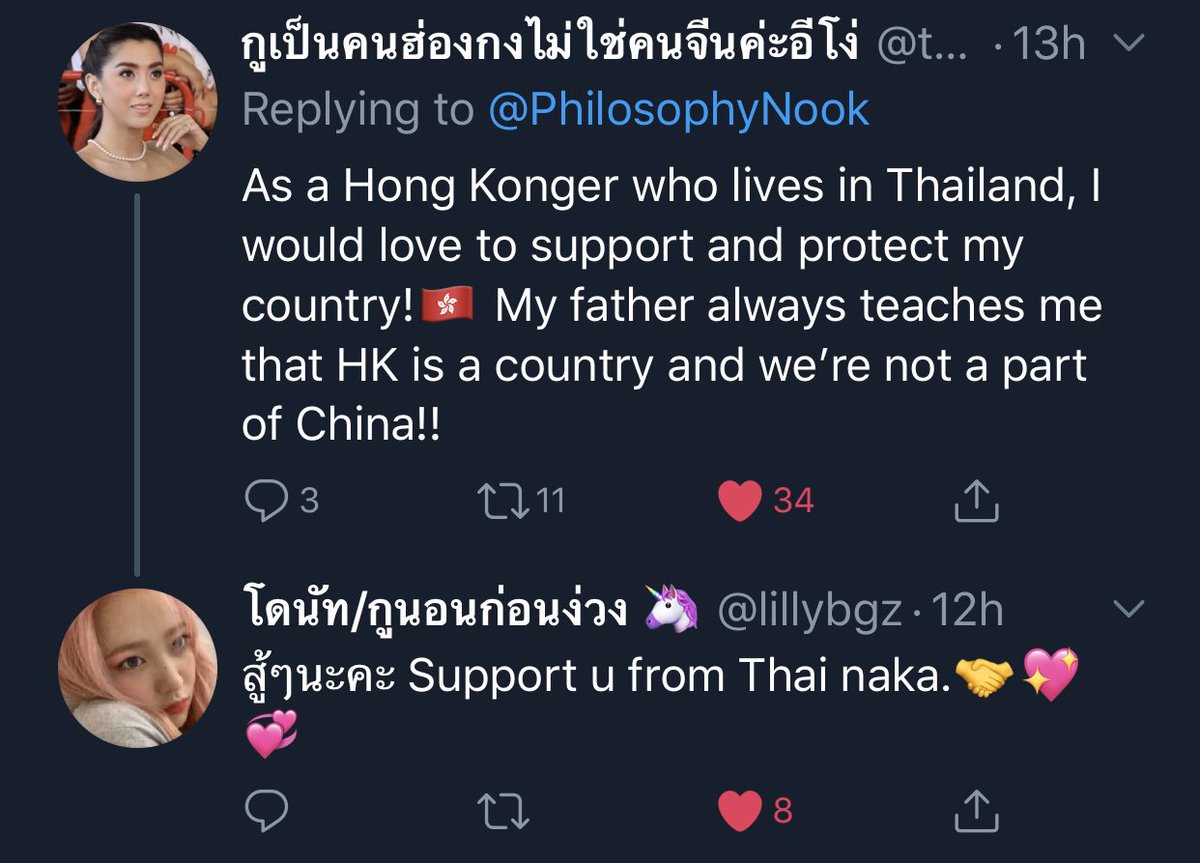 PhilosophyNook's tweet photo. My comments are now overflowing with messages of support from the #nnevvy hashtag

#Thai twitter is reaching out to show solidarity with #HongKong

And #HongKongers are sending love and gratitude right back

Here are just some of the messages from our friends in #Thailand 🙏🏻 🇹🇭🇭🇰 https://t.co/8aXY3gDwhH