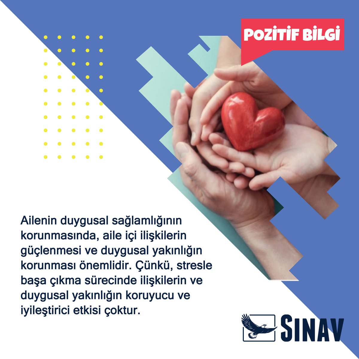 sinavegitim's tweet photo. Ailenin duygusal sağlamlığının korunmasında, aile içi ilişkilerin güçlenmesi ve duygusal yakınlığın korunması önemlidir. Çünkü, stresle başa çıkma sürecinde ilişkilerin ve duygusal yakınlığın koruyucu ve iyileştirici etkisi çoktur.

#sinav #sinavrehberlik #pozitifbilgi https://t.co/0uM4kEeR03