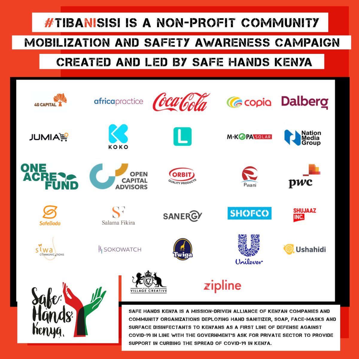 TibaNiSisi's tweet photo. #TibaNiSisi is a non-profit community mobilization &amp; safety awareness campaign by @SafeHandsKenya, a mission-driven alliance of Kenyan companies &amp; community orgs. deploying free hand sanitizer, soap, face masks &amp; surface disinfectants as a first line of defense against #COVID-19 https://t.co/IXEDoDEeJz