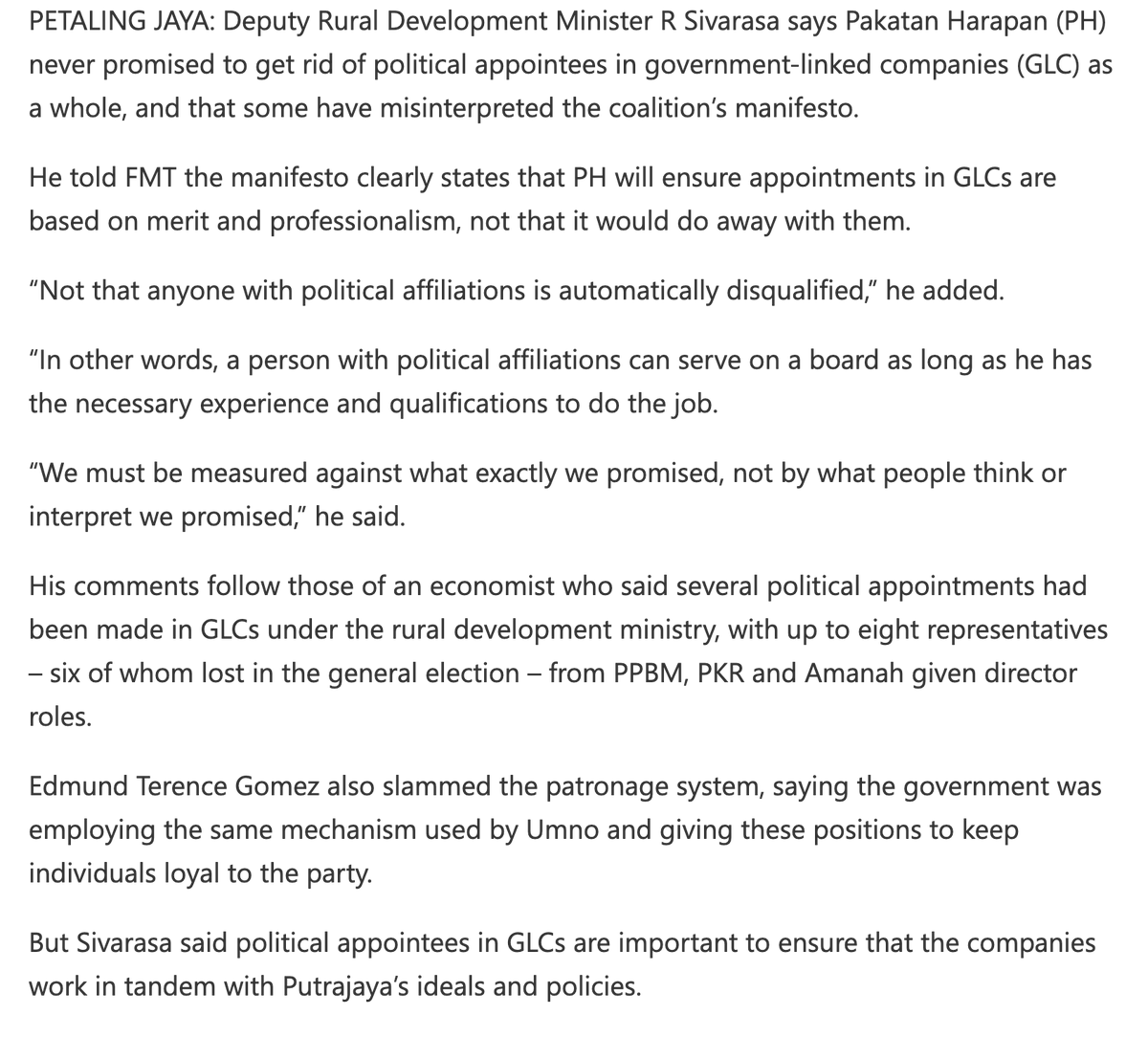 9. Point here is we need institutional reform in terms of transparency & accountability, not simplistic and flawed anti-politician rhetorics. That is shift blame away from urself.I agree with Sivarasa that there is social value in appointing politicans, when based on merit.