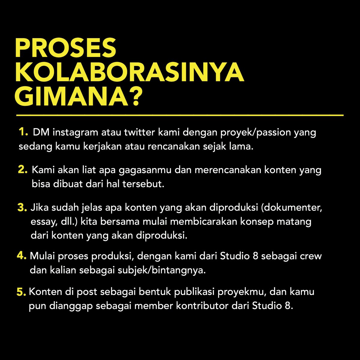 setudiodelapan's tweet photo. Di Studio 8, kita mementingkan kolaborasi dan komunitas. Artinya, kalian sebagai anggota komunitas ini punya peran besar dalam mengembangkan konten kita.

Ayo kita berkreasi bersama! https://t.co/cEIBDPsnz6