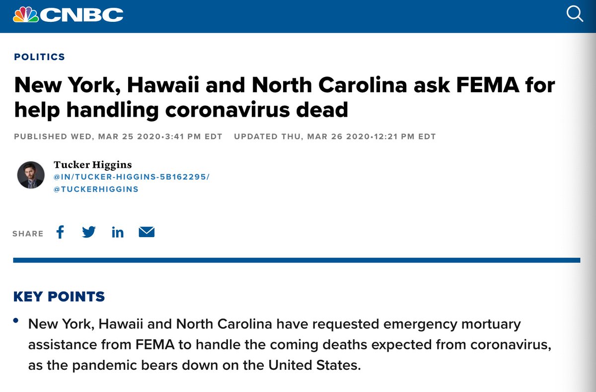 Remember when I shared some news stories about the State of Hawaii making requests to FEMA for help handling anticipated deaths resulting from  #Covid19? You make requests like this because you're running scenarios and emergency planning.  https://www.cnbc.com/2020/03/25/coronavirus-ny-hawaii-north-carolina-ask-fema-for-help-handling-dead.html