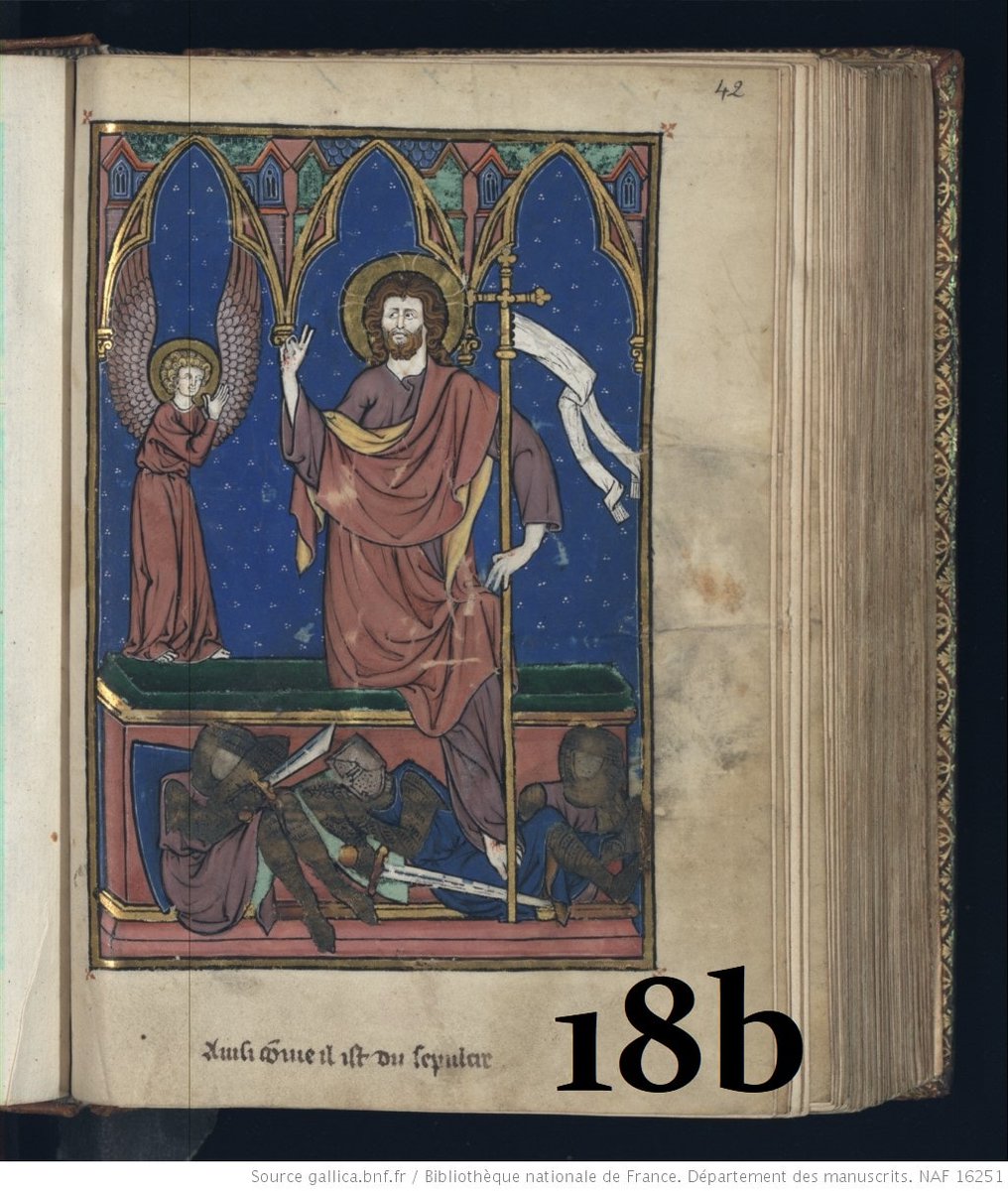 18. Aux 13e & 14e s., les gardes, svt de petite taille, sont allongés ou accroupis devant le sépulcre, au 1er plan [b&c]. Parfois aussi, ils sont "comprimés" 𝘴𝘰𝘶𝘴 le sarc., enclavés ds une structure gothique [a&d]. Ils sont figurés endormis : la R. a lieu durant leur sommeil.